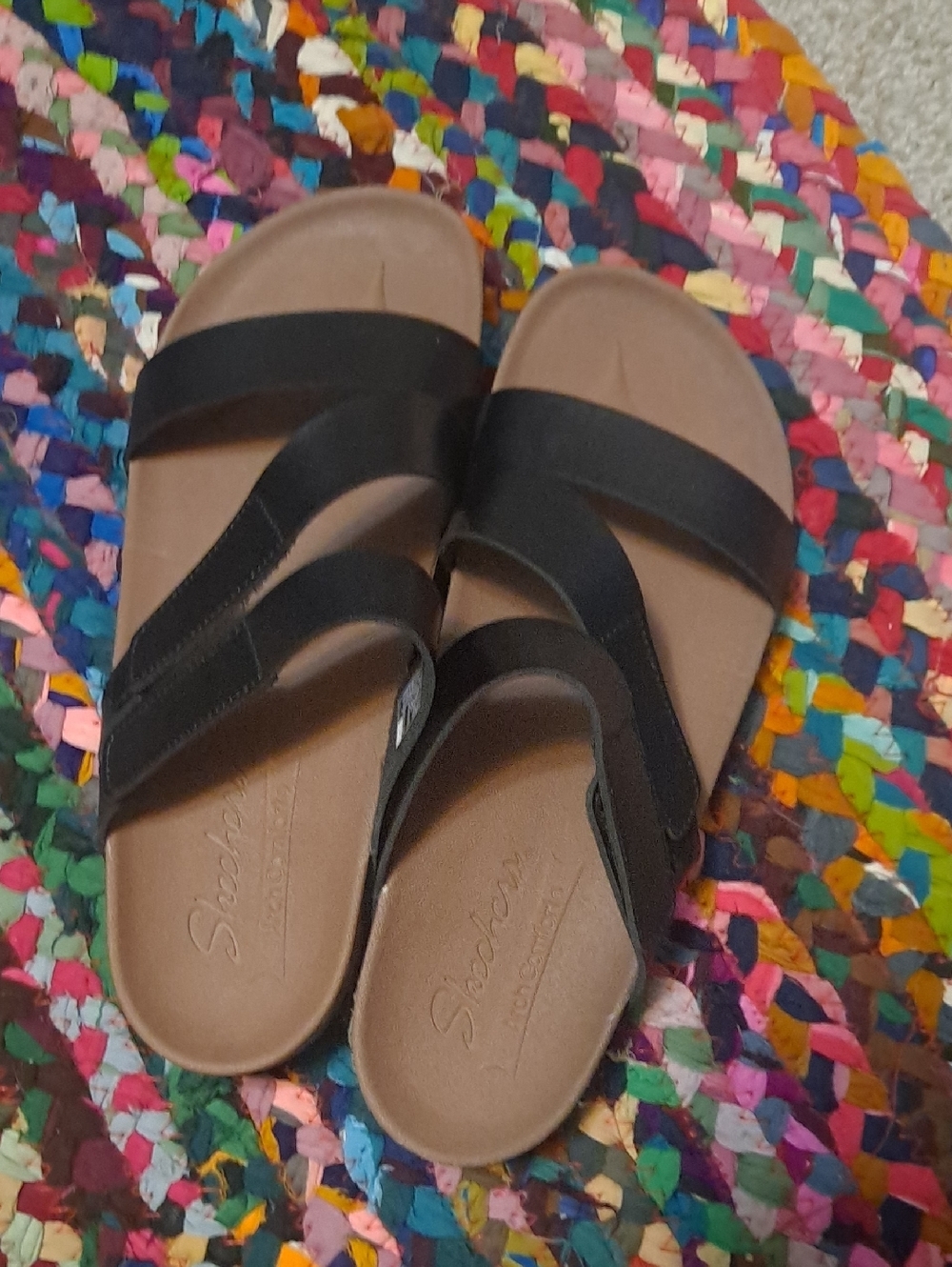 Skechers Black Slip-On Strappy Sandals with Tan Footbed
